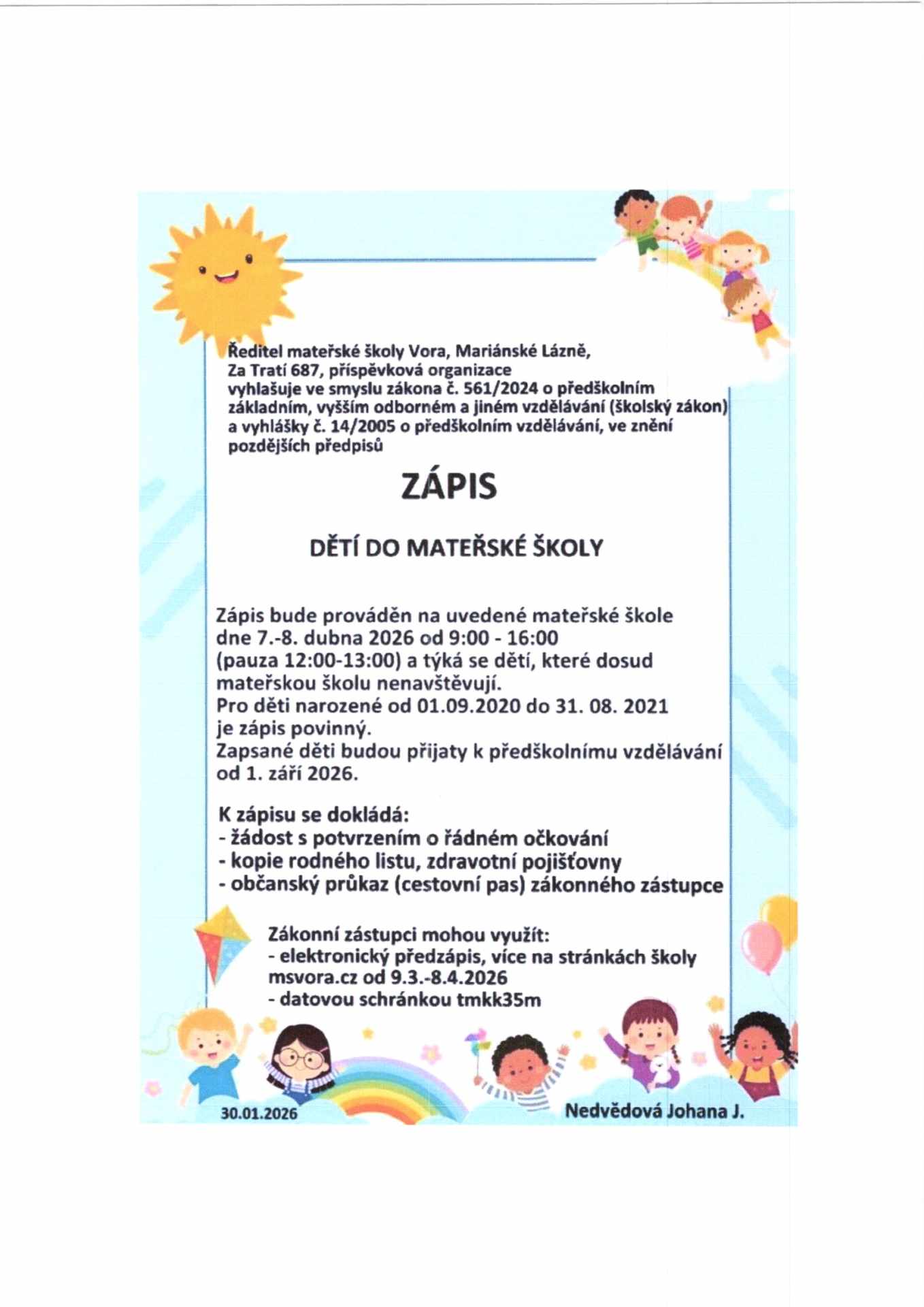 Zápis dětí do MŠ 2026