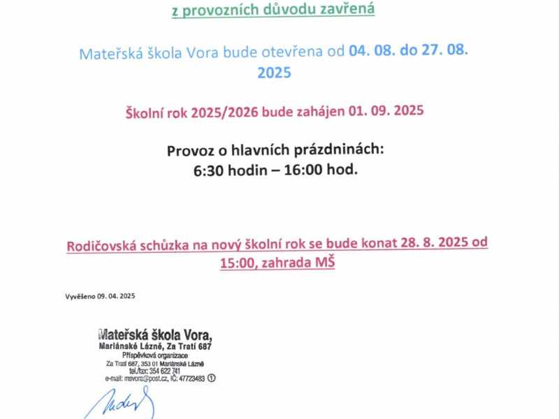 Prázdninový provoz 2025