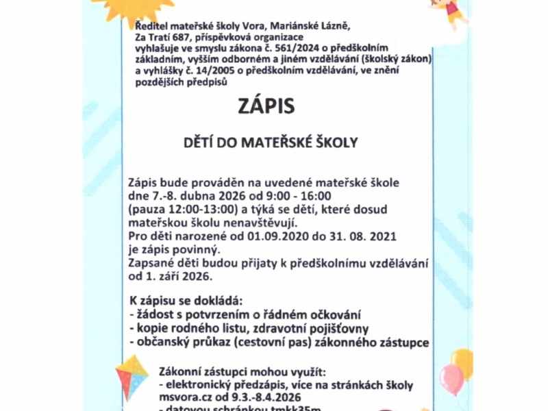 Zápis dětí do MŠ 2026