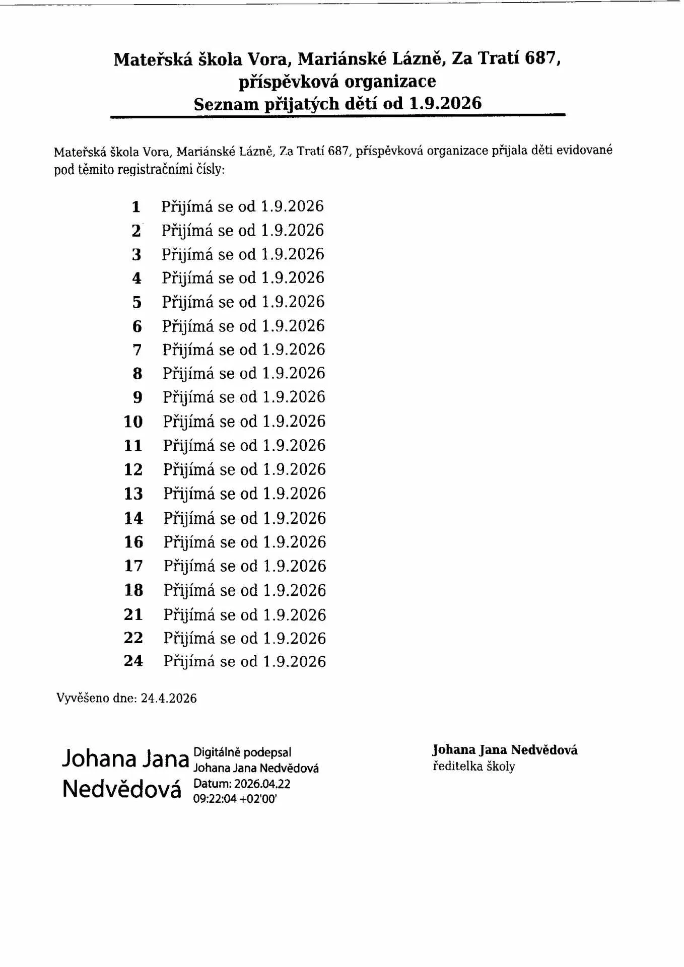 Rozhodnutí o přijetí/nepřijetí 2026/2027