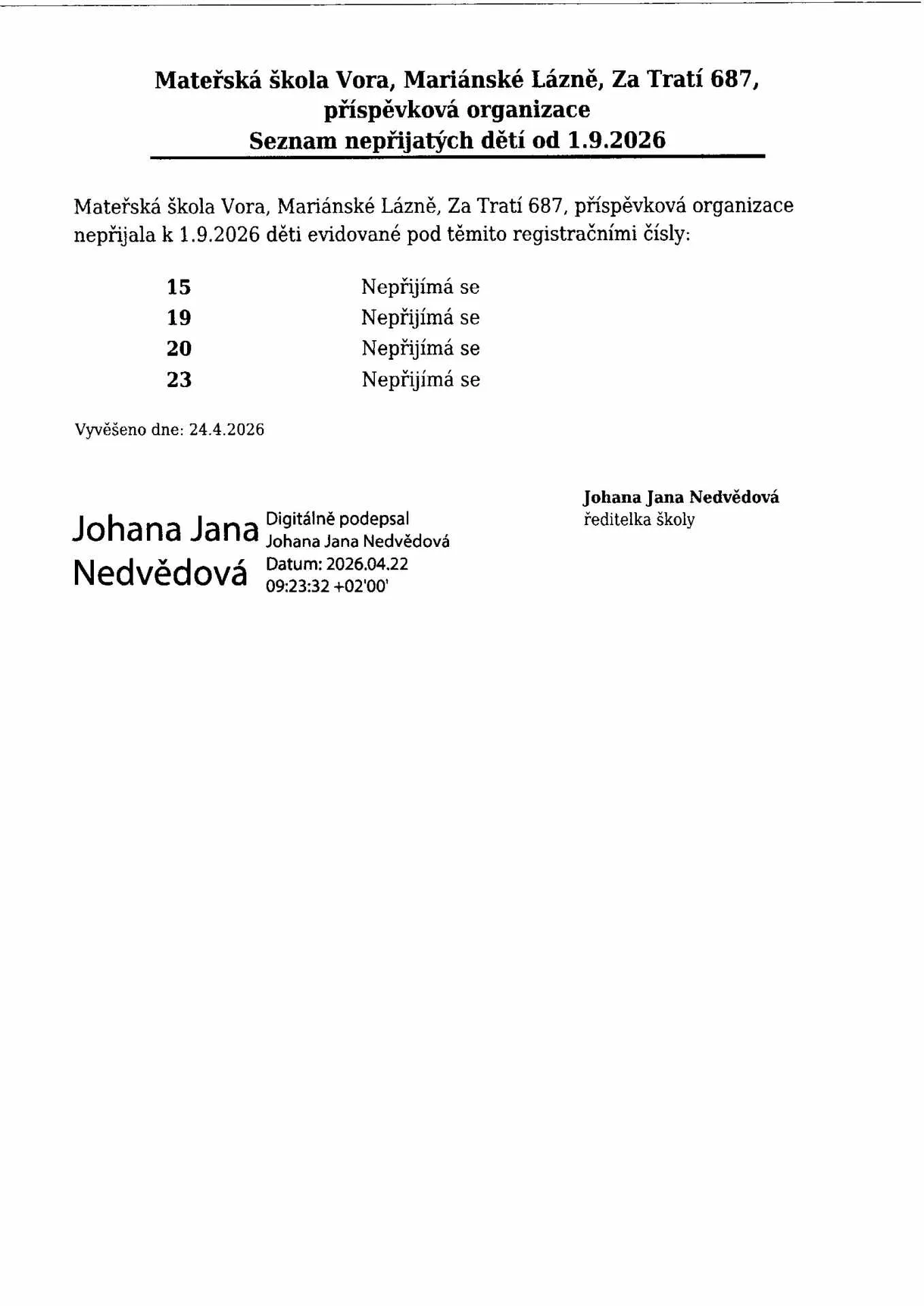 Rozhodnutí o přijetí/nepřijetí 2026/2027
